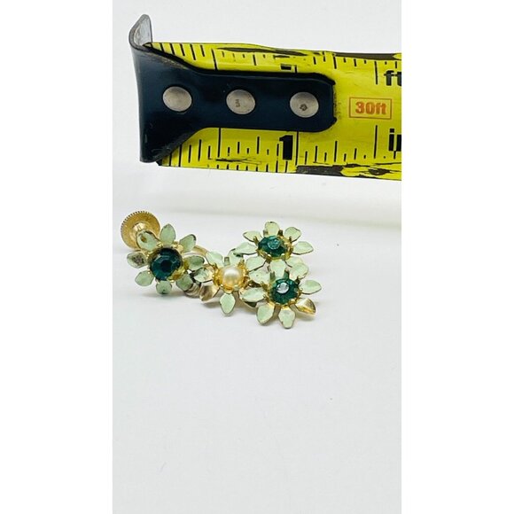 CHARM Floral Dangle Earrings Screw Back Gold Tone Rhinestones Simulated Pearl - Picture 4 of 11